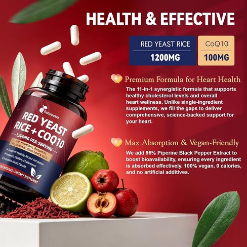 Red Yeast Rice 1200mg with CoQ10 Supplement, 11-In-1 Advanced Heart Health & Healthy Cholesterol Formula | Contain Vitamin D3, K2, Bergamot & Hawthorn | No Citrinin, NON-GMO, 120 Vegan Capsules in Saudi Arabia