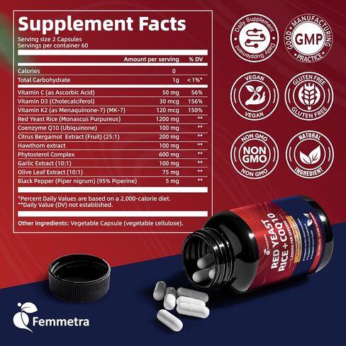 Red Yeast Rice 1200mg with CoQ10 Supplement, 11-In-1 Advanced Heart Health & Healthy Cholesterol Formula | Contain Vitamin D3, K2, Bergamot & Hawthorn | No Citrinin, NON-GMO, 120 Vegan Capsules in Saudi Arabia