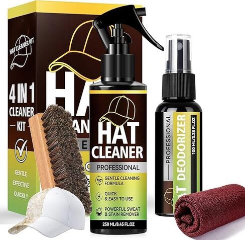 Hat Cleaning Kit, Professional 4-in-1 Foam Cleaner, Deodorizer, Soft Brush & Microfiber Cloth, Safe for Baseball, Trucker, Felt, Wool, Cowboy & Dad Hats, Remove Stains, Sweat & Odors, No Water Needed in Saudi Arabia