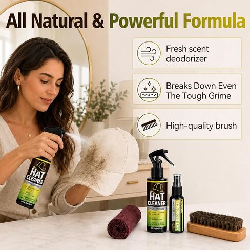 Hat Cleaning Kit, Professional 4-in-1 Foam Cleaner, Deodorizer, Soft Brush & Microfiber Cloth, Safe for Baseball, Trucker, Felt, Wool, Cowboy & Dad Hats, Remove Stains, Sweat & Odors, No Water Needed in Saudi Arabia