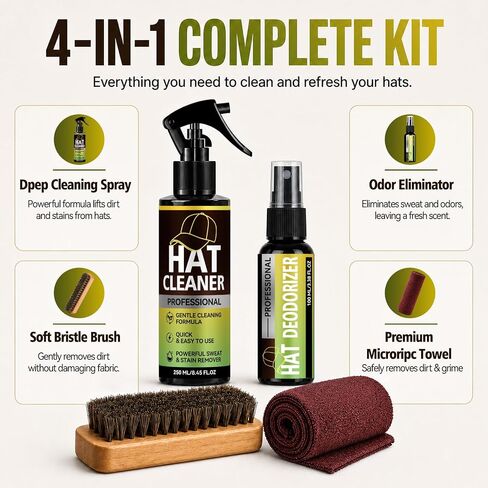 Hat Cleaning Kit, Professional 4-in-1 Foam Cleaner, Deodorizer, Soft Brush & Microfiber Cloth, Safe for Baseball, Trucker, Felt, Wool, Cowboy & Dad Hats, Remove Stains, Sweat & Odors, No Water Needed in Saudi Arabia
