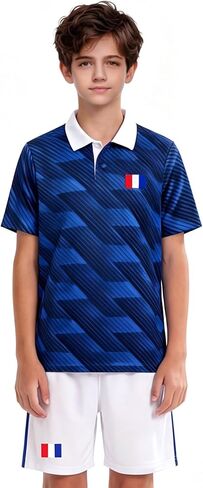 Kids France Flag Soccer Jersey and Shorts Set, Blue, Short Sleeve, Polo Collar, Boys Football Uniform in Saudi Arabia