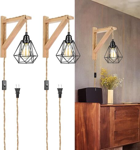 Frideko Wood Plug in Wall Sconces Set of Two, Hanging Lamps that Plug into Wall Outlet, Farmhouse Wall Light Fixtures with 8.21FT On/Off Switch Cord, Indoor Rustic Wall Lamp for Bedroom Living Room in Saudi Arabia