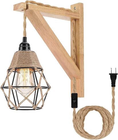 Frideko Wood Plug in Wall Sconces Set of Two, Hanging Lamps that Plug into Wall Outlet, Farmhouse Wall Light Fixtures with 8.21FT On/Off Switch Cord, Indoor Rustic Wall Lamp for Bedroom Living Room in Saudi Arabia