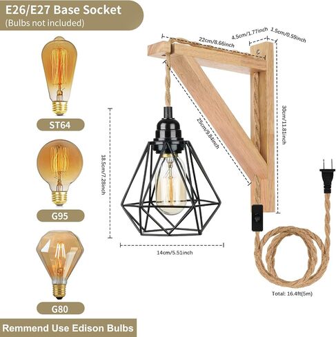 Frideko Wood Plug in Wall Sconces Set of Two, Hanging Lamps that Plug into Wall Outlet, Farmhouse Wall Light Fixtures with 8.21FT On/Off Switch Cord, Indoor Rustic Wall Lamp for Bedroom Living Room in Saudi Arabia