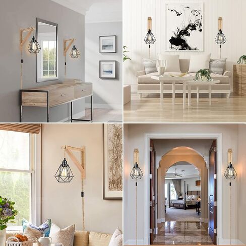 Frideko Wood Plug in Wall Sconces Set of Two, Hanging Lamps that Plug into Wall Outlet, Farmhouse Wall Light Fixtures with 8.21FT On/Off Switch Cord, Indoor Rustic Wall Lamp for Bedroom Living Room in Saudi Arabia