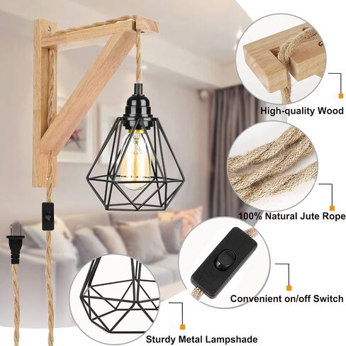 Frideko Wood Plug in Wall Sconces Set of Two, Hanging Lamps that Plug into Wall Outlet, Farmhouse Wall Light Fixtures with 8.21FT On/Off Switch Cord, Indoor Rustic Wall Lamp for Bedroom Living Room in Saudi Arabia