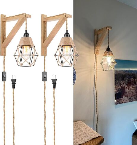 Frideko Wood Plug in Wall Sconces Set of Two, Hanging Lamps that Plug into Wall Outlet, Farmhouse Wall Light Fixtures with 8.21FT On/Off Switch Cord, Indoor Rustic Wall Lamp for Bedroom Living Room in Saudi Arabia