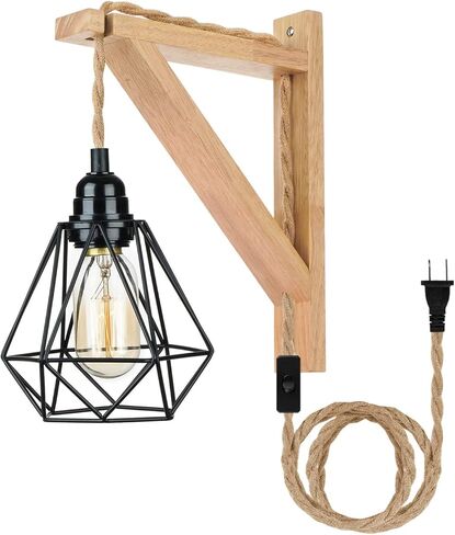 Frideko Wood Plug in Wall Sconces Set of Two, Hanging Lamps that Plug into Wall Outlet, Farmhouse Wall Light Fixtures with 8.21FT On/Off Switch Cord, Indoor Rustic Wall Lamp for Bedroom Living Room in Saudi Arabia