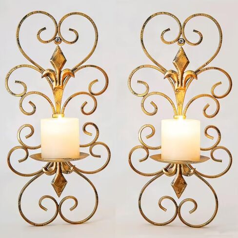 Vintage Gold Wall Candle Sconces Set of 2 - Rustic Iron Wall Mounted Candle Holders for Pillar Candles, Decorative Wall Sconce for Bathroom, Living Room, Bedroom, Fireplace Mantel, Farmhouse in Saudi Arabia