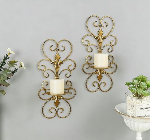 Vintage Gold Wall Candle Sconces Set of 2 - Rustic Iron Wall Mounted Candle Holders for Pillar Candles, Decorative Wall Sconce for Bathroom, Living Room, Bedroom, Fireplace Mantel, Farmhouse in Saudi Arabia