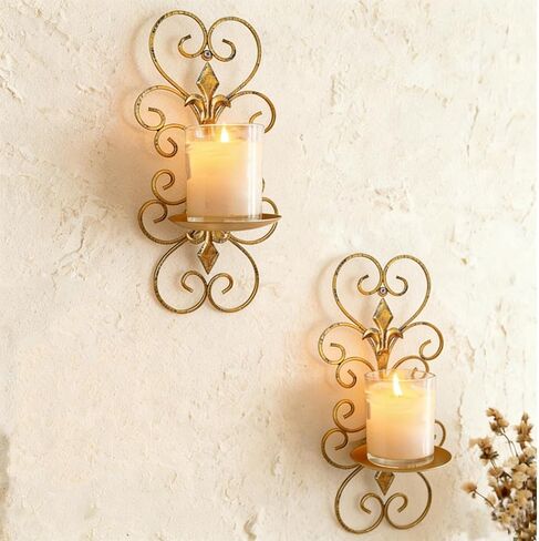 Vintage Gold Wall Candle Sconces Set of 2 - Rustic Iron Wall Mounted Candle Holders for Pillar Candles, Decorative Wall Sconce for Bathroom, Living Room, Bedroom, Fireplace Mantel, Farmhouse in Saudi Arabia