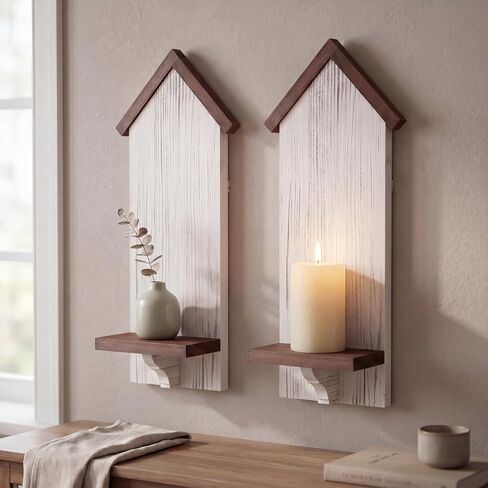 Xuhal 2 Pcs Farmhouse Candle Sconces Wall Decor Rustic Wooden Candle Holders Distressed White Candles Sconces Farmhouse Hanging Wall Decoration for Fireplace Mantel Aisle Display Shelves in Saudi Arabia
