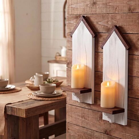 Xuhal 2 Pcs Farmhouse Candle Sconces Wall Decor Rustic Wooden Candle Holders Distressed White Candles Sconces Farmhouse Hanging Wall Decoration for Fireplace Mantel Aisle Display Shelves in Saudi Arabia