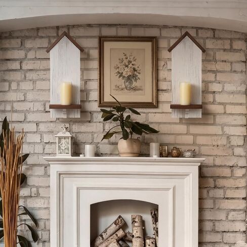 Xuhal 2 Pcs Farmhouse Candle Sconces Wall Decor Rustic Wooden Candle Holders Distressed White Candles Sconces Farmhouse Hanging Wall Decoration for Fireplace Mantel Aisle Display Shelves in Saudi Arabia