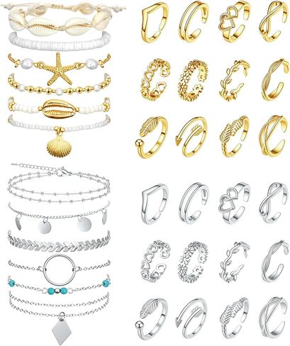 Toe Rings Set and Ankle Bracelets for Women Silver Gold Plated Anklet Adjustable Toe Rings Cute Layered Anklets Chain Trendy Dainty Waterproof Boho Shell Anklets Open Tail Rings Summer Beach Foot Jewelry in Saudi Arabia