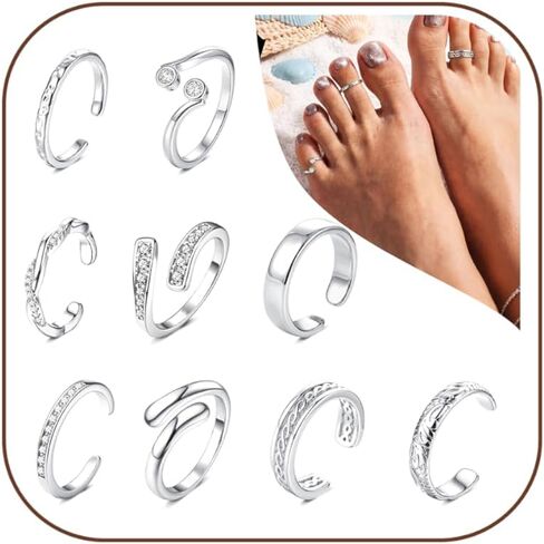 FUNRUN JEWELRY 9 قطع من خواتم أصابع القدم للنساء غير مشوهة - قابلة للتعديل 14 قيراط من الذهب المملوء بحلقة أصابع القدم فضية أنيقة مفتوحة من تشيكوسلوفاكيا مجموعة مجوهرات قدم الشاطئ الصيفية المقاومة للماء in Kuwait