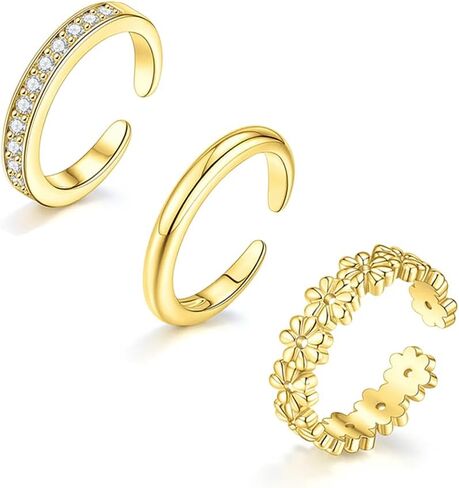 MOZAKA 3Pcs Toe Rings for Women Non Tarnish - Adjustable 14K Gold Plated Toe Ring Silver Dainty Open Toe Rings Set Waterproof Summer Beach Foot Jewelry in Kuwait