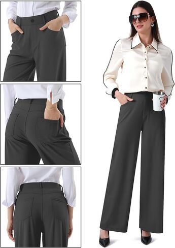 Womens Wide Straight Leg Work Pants Pull On Dress Pants Business Casual Trousers Slacks with Pockets in Saudi Arabia