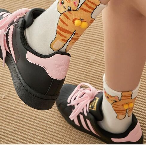 Quirky Cartoon Cat Cotton Crew Socks for Women - 3D Tail, Female Cats, Breathable Fun Summer Style in Saudi Arabia
