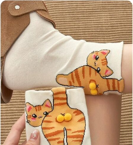 Quirky Cartoon Cat Cotton Crew Socks for Women - 3D Tail, Female Cats, Breathable Fun Summer Style in Saudi Arabia