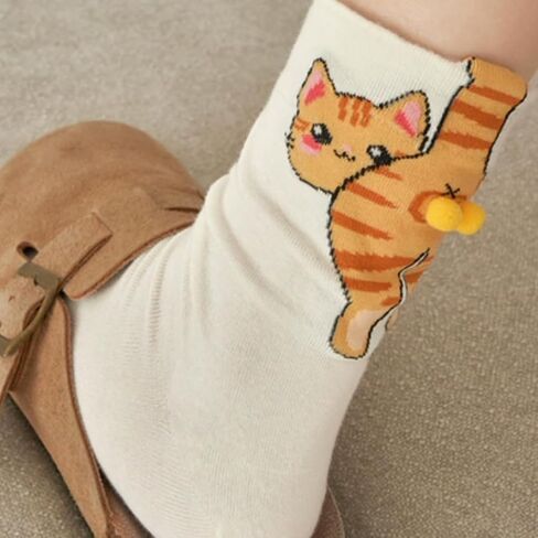 Quirky Cartoon Cat Cotton Crew Socks for Women - 3D Tail, Female Cats, Breathable Fun Summer Style in Saudi Arabia