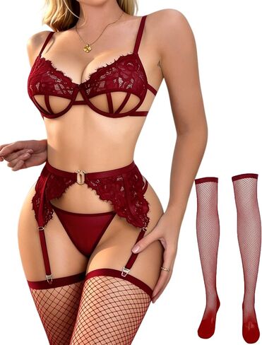Avidlove Underwire Lingerie Sets for Women with Stockings Cut Out Bra and Panty Matching Set 4 Piece in Kuwait