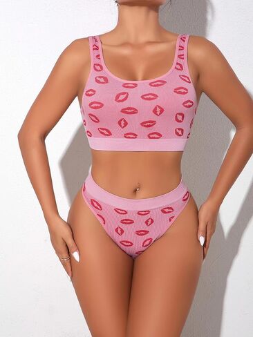 Lingerie for Women Set, 2 Piece Kiss Print Bra and Panty Set, Sexy Women’s Underwear, Comfortable Briefs, Ladies Panties in Kuwait