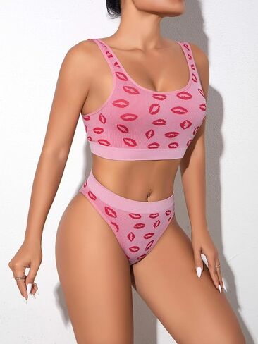 Lingerie for Women Set, 2 Piece Kiss Print Bra and Panty Set, Sexy Women’s Underwear, Comfortable Briefs, Ladies Panties in Kuwait