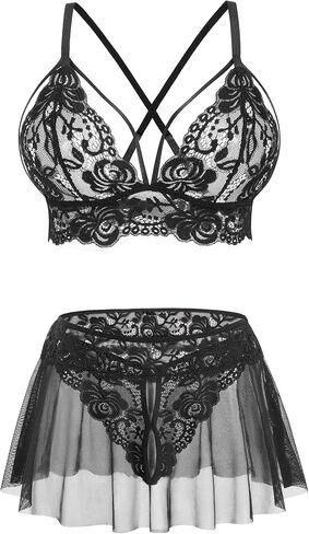ADOME Women Sexy Lingerie Sheer 3 Piece Lingerie Sets Lace Bralette with Mini Skirt and G-String XS-3XL in Saudi Arabia