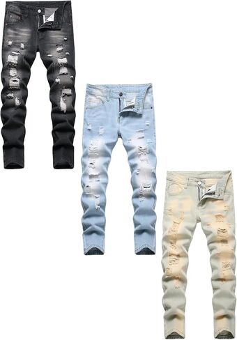 Boy's Ripped Jeans 3-Pack Stacked Skinny Fit Destroyed Distressed Fashion Comfy Denim Jeans Pants US 8-16 in Kuwait