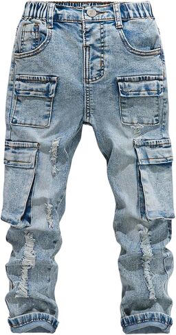 WDIRARA Boy's Ripped Skinny Jeans Cargo Jeans Streetwear Denim Pants with Flap Pockets in Kuwait