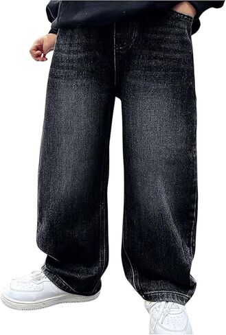 Boy's Wide Leg Baggy Jeans Loose Elastic Waist Straight Denim Pants in Kuwait
