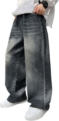 GORGLITTER Boy's Baggy Jeans Casual Wide Leg Elastic High Waist Denim Pants Patched Loose Fit Trousers Y2K Streetwear in Kuwait