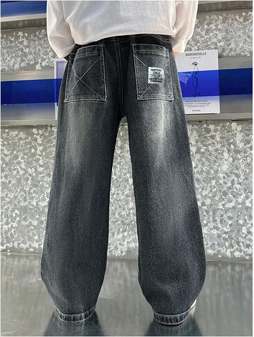 GORGLITTER Boy's Baggy Jeans Casual Wide Leg Elastic High Waist Denim Pants Patched Loose Fit Trousers Y2K Streetwear in Kuwait