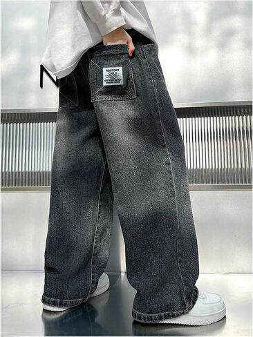 GORGLITTER Boy's Baggy Jeans Casual Wide Leg Elastic High Waist Denim Pants Patched Loose Fit Trousers Y2K Streetwear in Kuwait