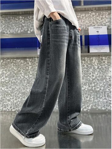 GORGLITTER Boy's Baggy Jeans Casual Wide Leg Elastic High Waist Denim Pants Patched Loose Fit Trousers Y2K Streetwear in Kuwait