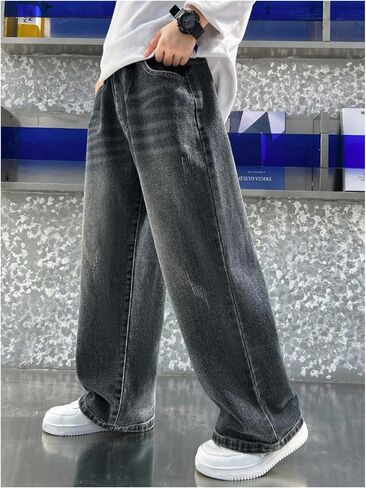 GORGLITTER Boy's Baggy Jeans Casual Wide Leg Elastic High Waist Denim Pants Patched Loose Fit Trousers Y2K Streetwear in Kuwait