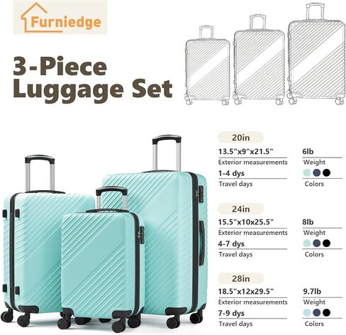3 Piece Hardshell Luggage Sets - Expandable Lightweight Durable Suitcase Set (20", 24", 28"), 3 Pcs Hard Shell Checked Travel Luggage Sets with TSA Lock, 360° Spinner Wheels (Green) in Saudi Arabia