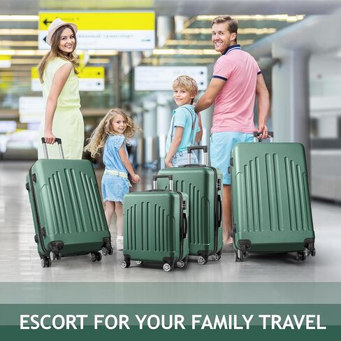 FCH 4-Piece Matching Luggage Set with Curved Stripes - 20"+24"+28"+Travel Tote, Lightweight Hardshell Trolley Cases with Spinner Wheels for Family Vacations - Retro Green in Saudi Arabia