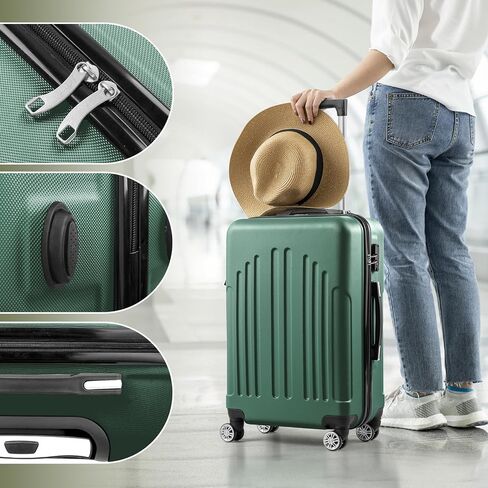 FCH 4-Piece Matching Luggage Set with Curved Stripes - 20"+24"+28"+Travel Tote, Lightweight Hardshell Trolley Cases with Spinner Wheels for Family Vacations - Retro Green in Saudi Arabia