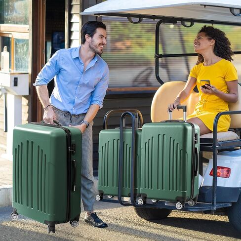 FCH 4-Piece Matching Luggage Set with Curved Stripes - 20"+24"+28"+Travel Tote, Lightweight Hardshell Trolley Cases with Spinner Wheels for Family Vacations - Retro Green in Saudi Arabia