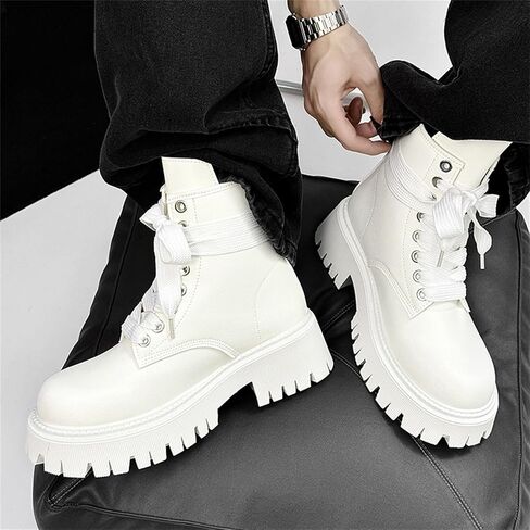 Men's Leather Lace Up Ankle Combat Boots With Side Zipper Chunky Heel Round Toe Lug Sole Soft Lightweight Footwear Streetwear Casual Outfits Daily Walks Urban Fashion in Saudi Arabia