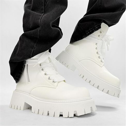 Men's Leather Lace Up Ankle Combat Boots With Side Zipper Chunky Heel Round Toe Lug Sole Soft Lightweight Footwear Streetwear Casual Outfits Daily Walks Urban Fashion in Saudi Arabia