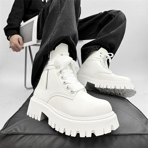 Men's Leather Lace Up Ankle Combat Boots With Side Zipper Chunky Heel Round Toe Lug Sole Soft Lightweight Footwear Streetwear Casual Outfits Daily Walks Urban Fashion in Saudi Arabia