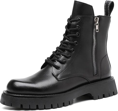 Men's Black Leather Platform Lace-up Combat Boots with Side Zipper Retro Round Toe Side Zip Chunky Heel Non-Slip Lug Sole High Top Waterproof Motorcycle Boots for Outdoor Work Riding in Saudi Arabia