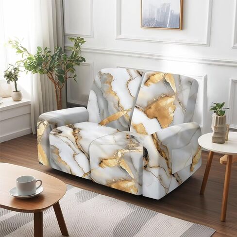Reclining Loveseat Slipcover, White Gold Marble Crack Abstract Print 6-Piece Stretch Lazy Boy Sofa Covers, 2 Seat Loveseat Recliner Cover Thick Soft Washable in Saudi Arabia