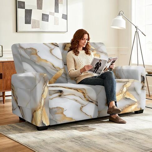 Reclining Loveseat Slipcover, White Gold Marble Crack Abstract Print 6-Piece Stretch Lazy Boy Sofa Covers, 2 Seat Loveseat Recliner Cover Thick Soft Washable in Saudi Arabia