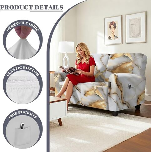 Reclining Loveseat Slipcover, White Gold Marble Crack Abstract Print 6-Piece Stretch Lazy Boy Sofa Covers, 2 Seat Loveseat Recliner Cover Thick Soft Washable in Saudi Arabia