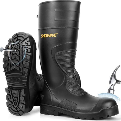 Showave Men's Steel Toe Rubber Boots Kevlar Sole Safety Work Boot Puncture-Proof Rain Boot Slip & Oil Resistant Outsole for Industrial Construction Agriculture in Saudi Arabia